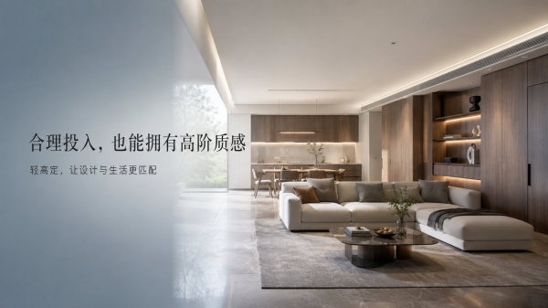 这是一张现代简约风格的客餐厅一体化空间效果图。画面主体为米白色L型布艺沙发，搭配深色椭圆形岩板茶几和浅灰色地毯。背景采用深木色定制柜体与开放式厨房设计，嵌入式暖